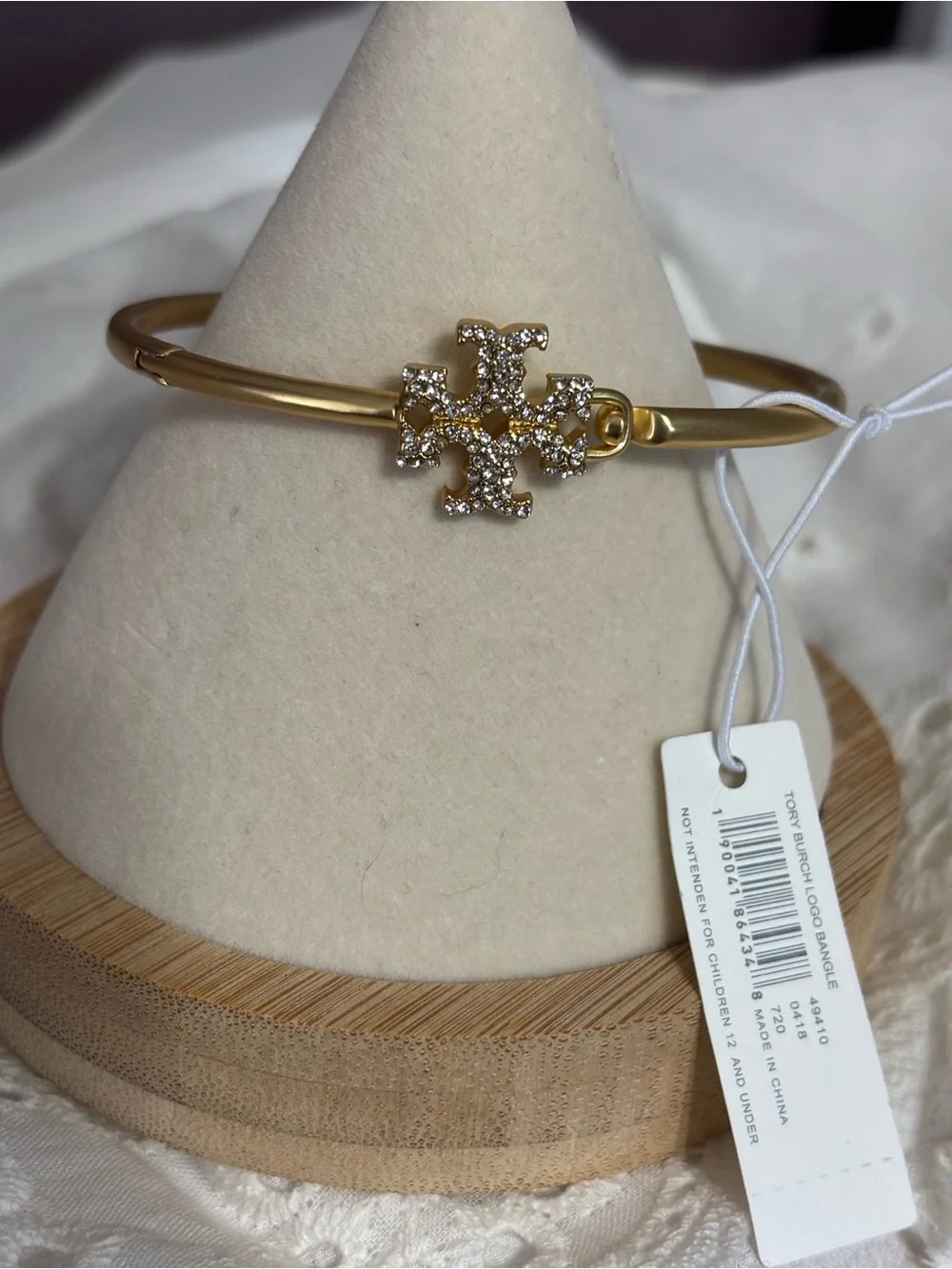 Tory Burch Gold-Tone Crystal Logo Bangle Bracelet